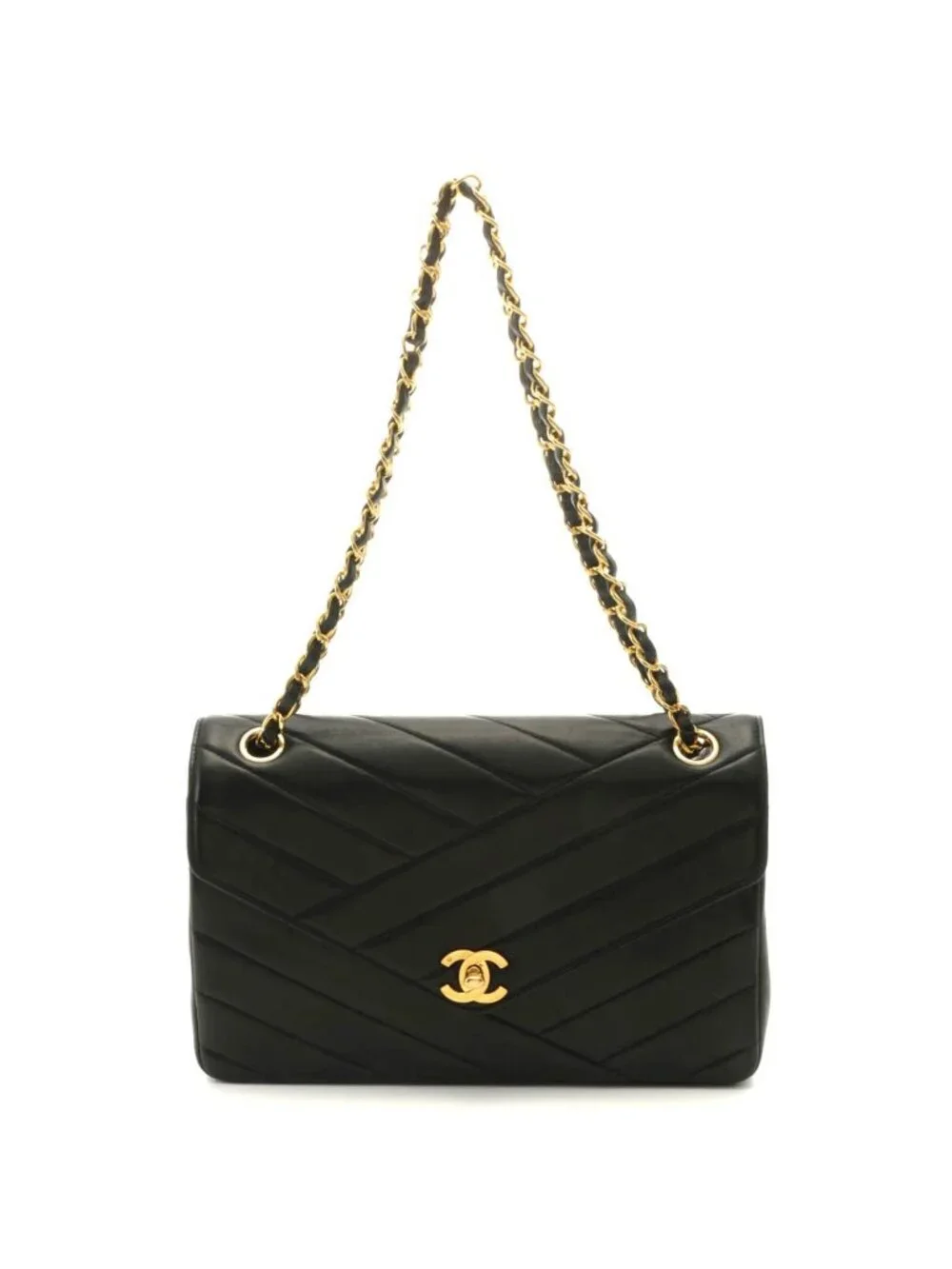 Chanel Bias Stitch 25 Chain Shoulder Bag Black Lambskin